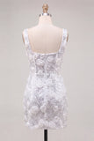 Ivory Sparkly Floral Sequin Short Cocktail Dress with Slit