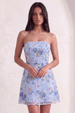 Pink Sparkly Floral Beaded Strapless Sequin Short Cocktail Dress
