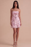 Pink Sparkly Floral Beaded Strapless Sequin Short Cocktail Dress