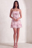 Pink Sparkly Floral Beaded Strapless Sequin Short Cocktail Dress