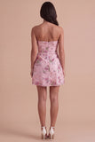 Pink Sparkly Floral Beaded Strapless Sequin Short Cocktail Dress