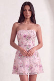 Pink Sparkly Floral Beaded Strapless Sequin Short Cocktail Dress
