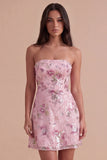 Pink Sparkly Floral Beaded Strapless Sequin Short Cocktail Dress