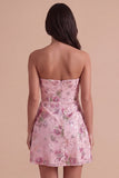 Pink Sparkly Floral Beaded Strapless Sequin Short Cocktail Dress