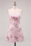 Pink Sparkly Floral Beaded Strapless Sequin Short Cocktail Dress