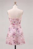 Pink Sparkly Floral Beaded Strapless Sequin Short Cocktail Dress