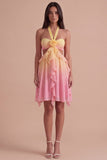 Yellow and Pink Ruffled Cut Out Short Cocktail Dress with 3D Flower