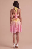 Yellow and Pink Ruffled Cut Out Short Cocktail Dress with 3D Flower