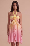 Yellow and Pink Ruffled Cut Out Short Cocktail Dress with 3D Flower