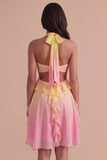 Yellow and Pink Ruffled Cut Out Short Cocktail Dress with 3D Flower
