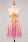 Yellow and Pink Ruffled Cut Out Short Cocktail Dress with 3D Flower