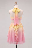 Yellow and Pink Ruffled Cut Out Short Cocktail Dress with 3D Flower