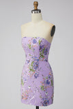 Sparkly Floral Pink Sequin Bodycon Short Cocktail Dress with Beading