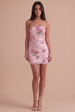 Sparkly Floral Pink Sequin Bodycon Short Cocktail Dress with Beading