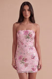 Sparkly Floral Pink Sequin Bodycon Short Cocktail Dress with Beading