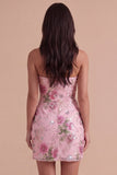 Sparkly Floral Pink Sequin Bodycon Short Cocktail Dress with Beading