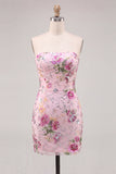 Sparkly Floral Pink Sequin Bodycon Short Cocktail Dress with Beading
