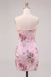 Sparkly Floral Pink Sequin Bodycon Short Cocktail Dress with Beading