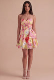 Floral Pink Sweetheart A Line Short Cocktail Dress with Sash