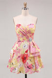 Floral Pink Sweetheart A Line Short Cocktail Dress with Sash
