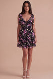 Black Floral V-Neck A Line Short Cocktail Dress
