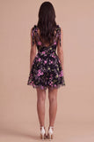 Black Floral V-Neck A Line Short Cocktail Dress