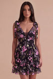 Black Floral V-Neck A Line Short Cocktail Dress