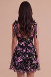 Black Floral V-Neck A Line Short Cocktail Dress