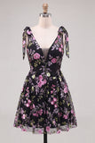 Black Floral V-Neck A Line Short Cocktail Dress