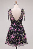Black Floral V-Neck A Line Short Cocktail Dress