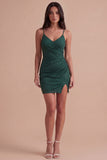 Sparkly Beaded Dark Green Short Cocktail Dress with Slit