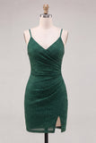 Sparkly Beaded Dark Green Short Cocktail Dress with Slit