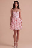Pink Floral Corset Ruffled A Line Short Cocktail Dress