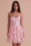 Pink Floral Corset Ruffled A Line Short Cocktail Dress