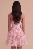 Pink Floral Corset Ruffled A Line Short Cocktail Dress