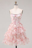 Pink Floral Corset Ruffled A Line Short Cocktail Dress