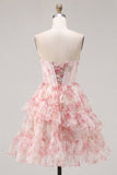 Pink Floral Corset Ruffled A Line Short Cocktail Dress