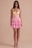 Yellow and Pink Corset Halter Ruffled Short Cocktail Dress