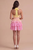 Yellow and Pink Corset Halter Ruffled Short Cocktail Dress