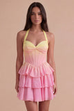 Yellow and Pink Corset Halter Ruffled Short Cocktail Dress