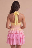 Yellow and Pink Corset Halter Ruffled Short Cocktail Dress