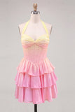 Yellow and Pink Corset Halter Ruffled Short Cocktail Dress