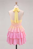 Yellow and Pink Corset Halter Ruffled Short Cocktail Dress