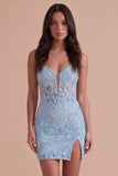 Sky Blue Sparkly Floral Corset Short Cocktail Dress with Slit