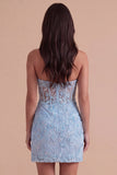 Sky Blue Sparkly Floral Corset Short Cocktail Dress with Slit