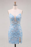 Sky Blue Sparkly Floral Corset Short Cocktail Dress with Slit