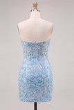 Sky Blue Sparkly Floral Corset Short Cocktail Dress with Slit