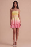 Yellow and Pink Ruched Ruffled Short Cocktail Dress