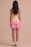 Yellow and Pink Ruched Ruffled Short Cocktail Dress