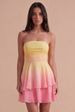 Yellow and Pink Ruched Ruffled Short Cocktail Dress